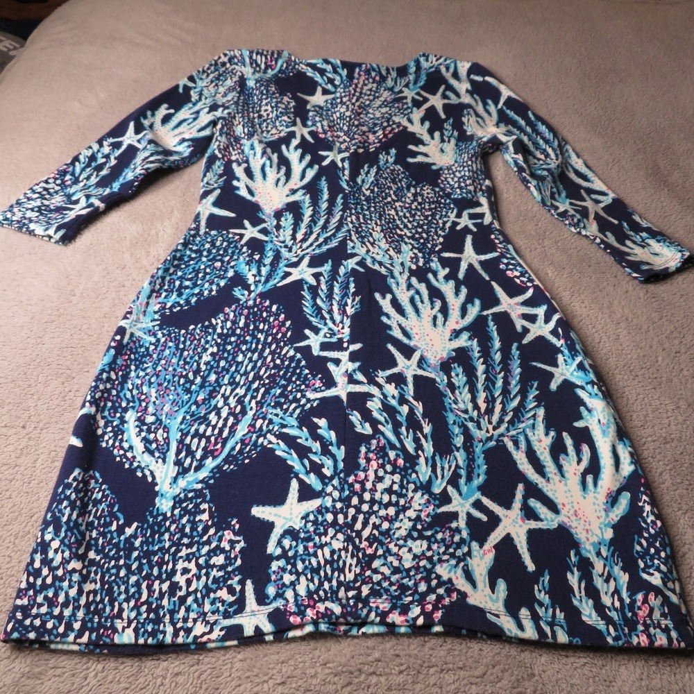 Lilly Pulitzer XS Navy Blue Coral Starfish Print V-Neck Long Sleeve Shift Dress - Picture 3 of 12